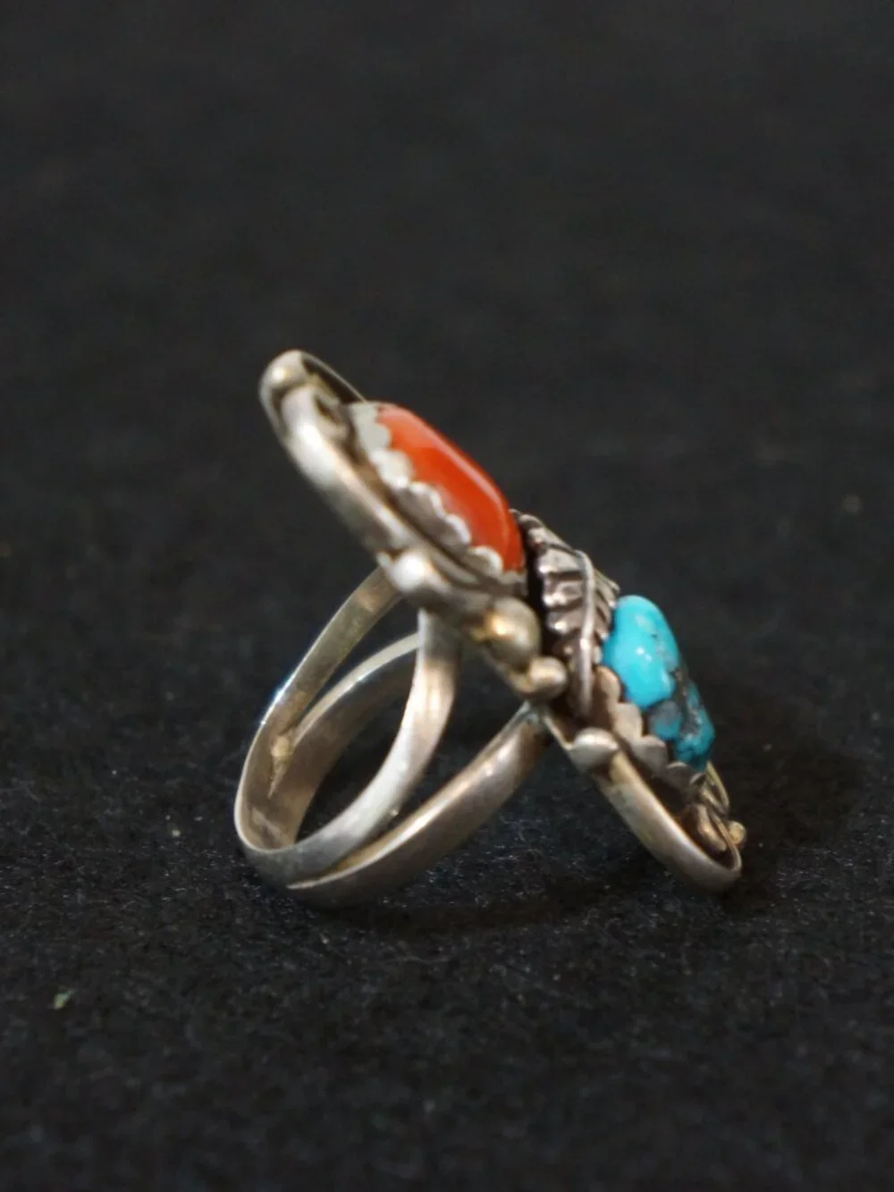 VTG Navajo Sterling Silver Turquoise Coral Bypass Ring 1.5” Jeweler Verified